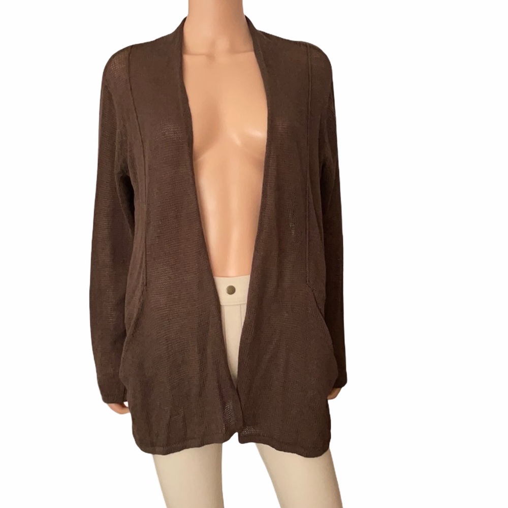 J. Jill Linen Cotton Brown Open Knit Long  Cardigan